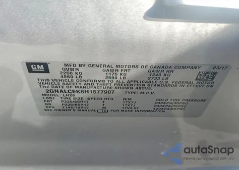2017 Chevrolet Equinox Lt z USA, uszkodzony, nr VIN 2GNALCEK8H1577907